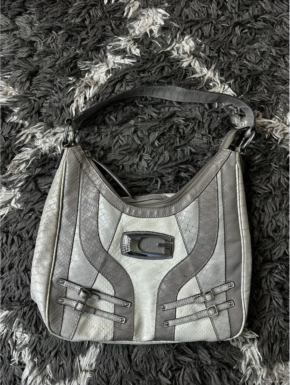 Vintage Y2K Guess Rhinestone G Logo Grey Snakeskin Hobo Shoulder Bag